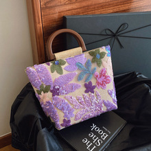 2025夏季跨境新款竹节手提包高级质感彩色PVC亮片亚麻刺绣手拎包