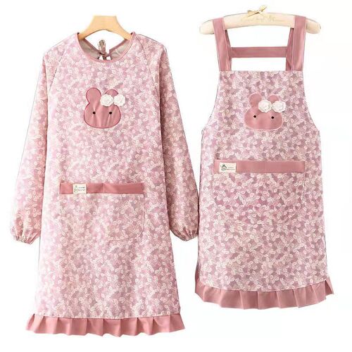 Bamboo Node Cotton Wear-resistant Breathable Apron Long Sleeve Cover-up Embroidery Pattern Large Pouch Workwear Kitchen Home Use Cooking Apron Waist Cover