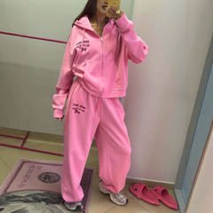 慵懒风休闲连帽卫衣套装女春秋2025开衫上衣新款休闲粉色两件套女