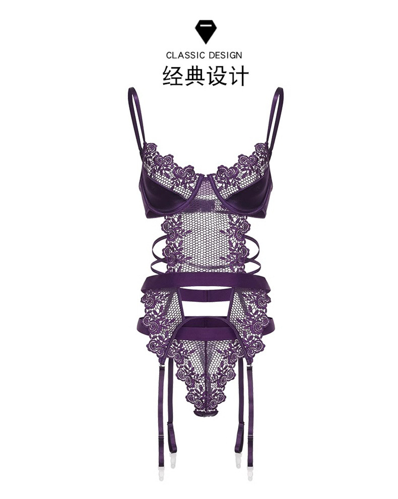 Purple Lace Underwire Jumpsuit Lingerie Set with Garters, Thong, Gloves and Stockings — detail image 13