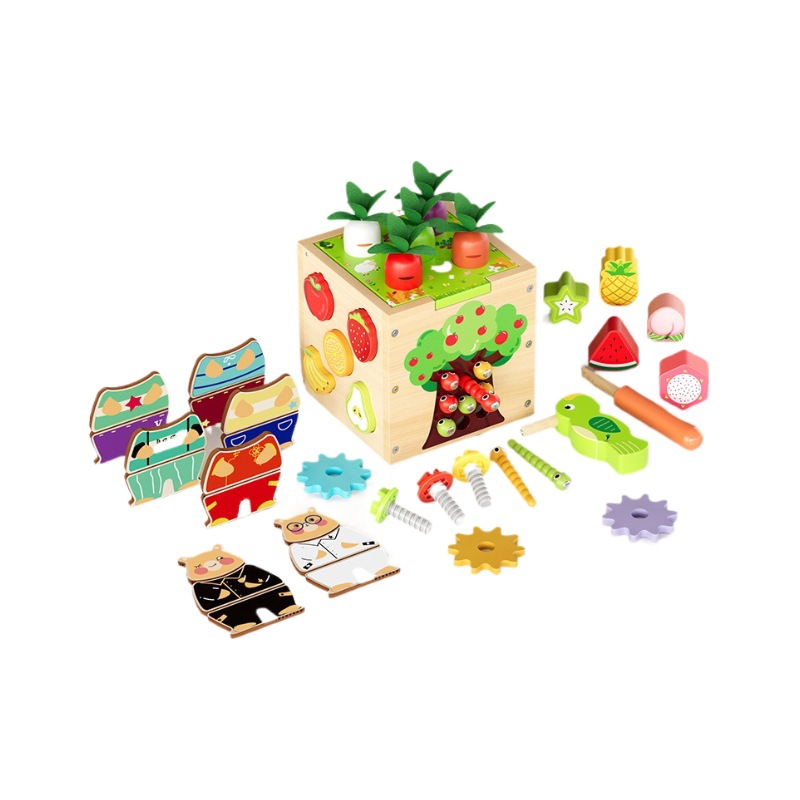 Cpc Educación temprana de madera para niños Caja del tesoro de hexaedro multifuncional Sacar rábanos y atrapar insectos Forma de juguete educativo a juego