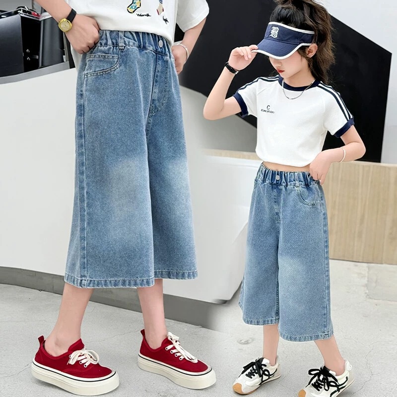 Girls' Summer Thin Cropped Denim Wide-Leg Pants Fashionable Loose Slimming Shorts for Older Children Casual Cropped Pants