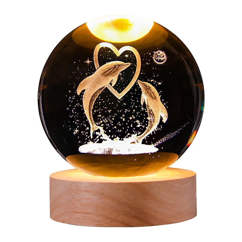 Bola de cristal luminosa lámpara de noche 3D esculpida estrella base de madera sólida regalo de cumpleaños decoración de escritorio creativa