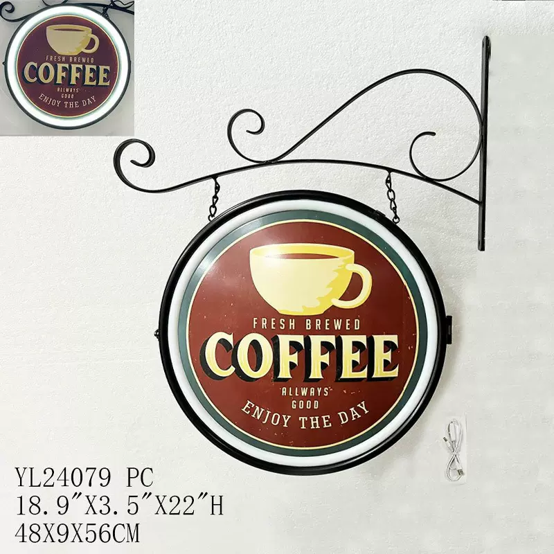 跨境马可铁彩印 灯箱咖啡酒吧广告招牌 LED户外挂壁 圆形灯箱招牌