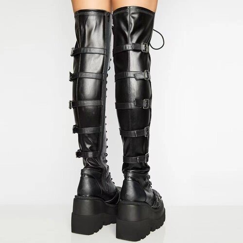 2025 Plus-Size Knee-High Waterproof Platform Boots for Women, European and American Slope-Heel Long Boots, Martin and Knight Boots