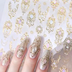 跨境美甲重工巴洛克金权杖烫金贝壳光复古宝石轻奢宫廷风指甲贴纸