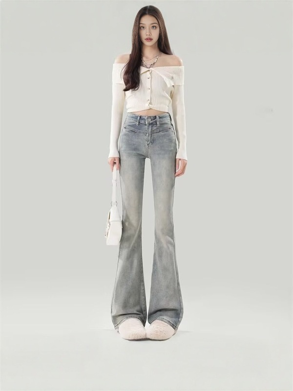 ins潮流无品牌流行新款气质蓝色复古微喇牛仔裤女2025夏季文艺|undefined
