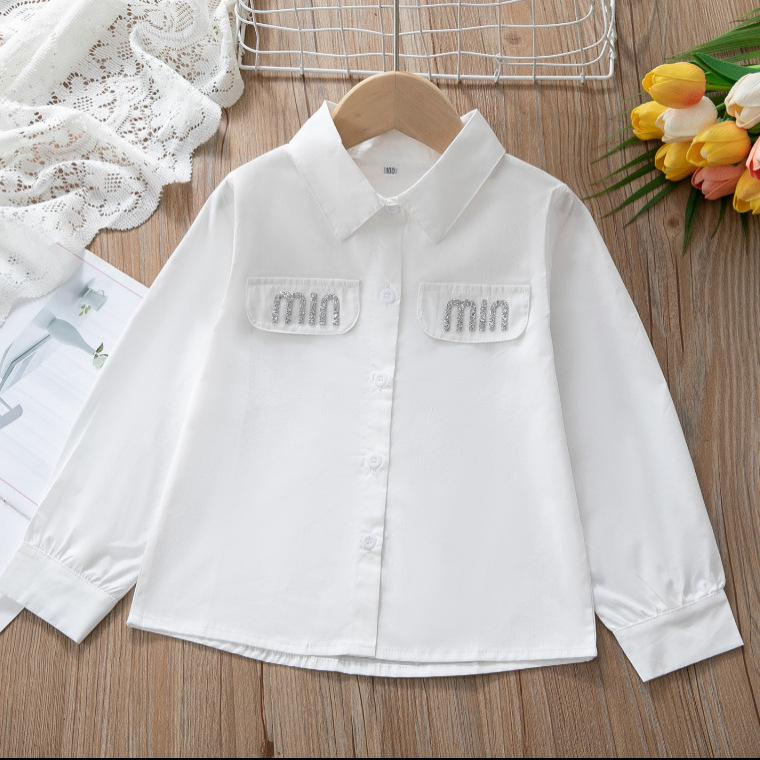 女童长袖翻领衬衫春秋新款韩版学生校服班服纯棉上衣白色衬衣境外