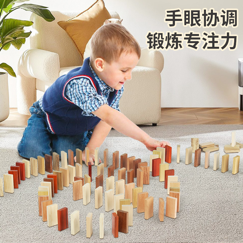 Niños madera maciza sin pintura roja pera orgánico dominó creativo de construcción de bloque de construcción de ensamblaje de educación temprana