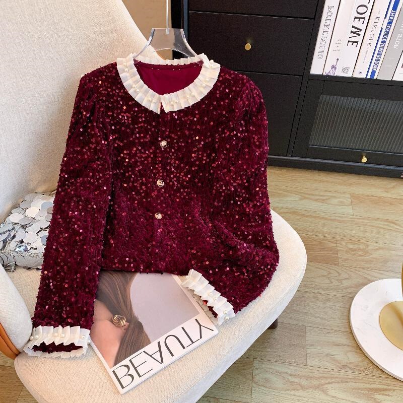 Trendy sequined velvet long-sleeve shirt with new autumn/winter design, color-blocking, button-up, ruffled, pearl round-neck base shirt