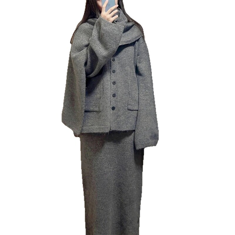 名媛气质毛衣套装女新款秋冬韩版慵懒风针织半身裙配围巾三件套女|undefined