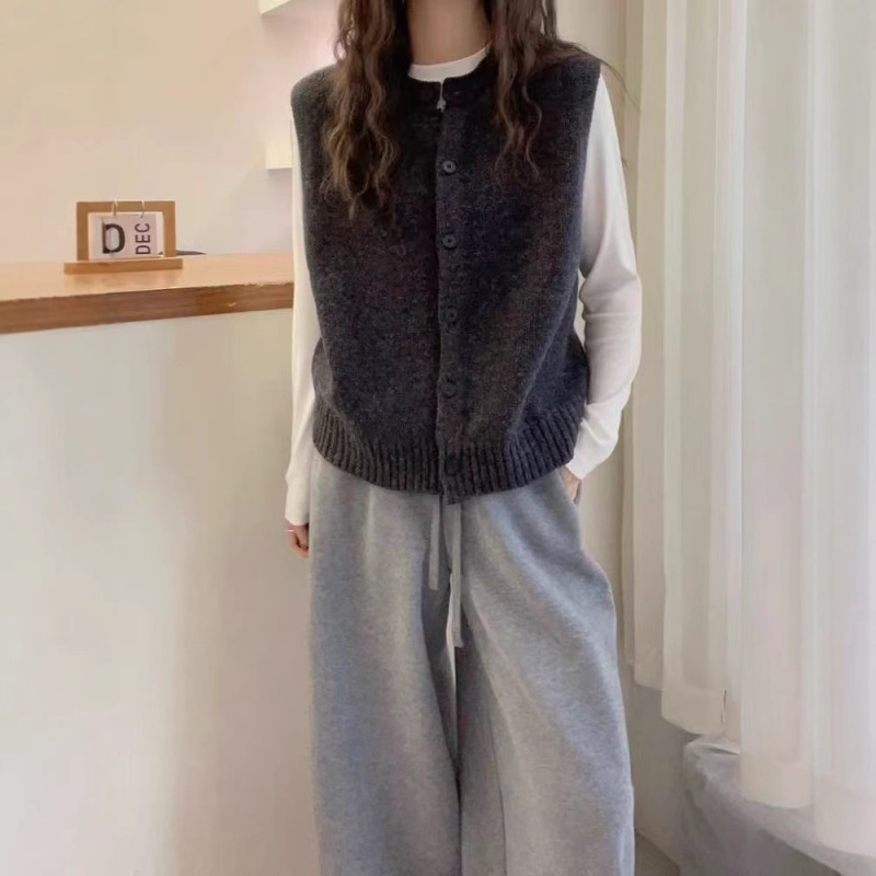女式100纯羊毛针织无袖马甲开衫圆领套头坎肩经典纯色简约短背心|undefined