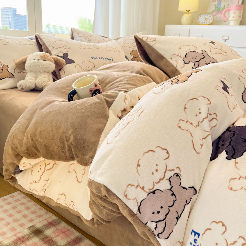 Milk Velvet Duvet Cover Winter Fleece Warm Bed Cartoon Four-Piece Set Double Thickened Velvet