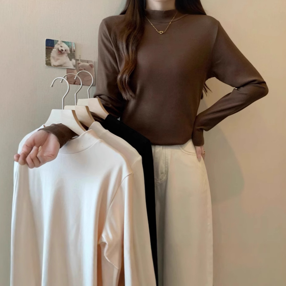 Fall/winter semi-high collar velvet knitted bottoming shirt women's slim fit slim inside one velvet pullover T-shirt 66233#