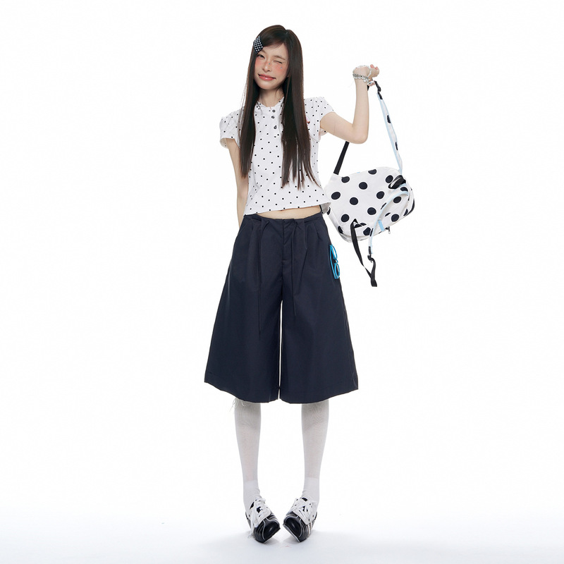 Korean-style casual loose-fitting women's cropped pants, 2026 summer thin pleated tie-up petite straight wide-leg mid-length pants, trendy