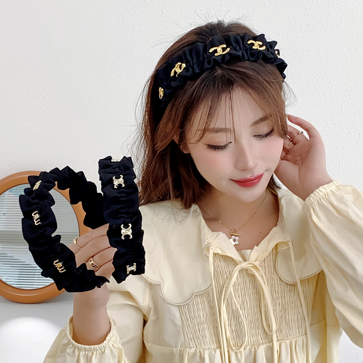 Letras plisadas diadema de ala ancha para mujer de alto grado alto Cráneo superior grutas de pelo alto lavado de cara diadema clip de pelo accesorios para el cabello al por mayor