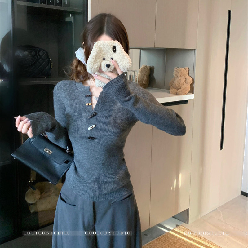 Elastic Gray Base Layer Women's Winter Top with Unique Design, Horn Button Long-Sleeve Sweater Knitwear