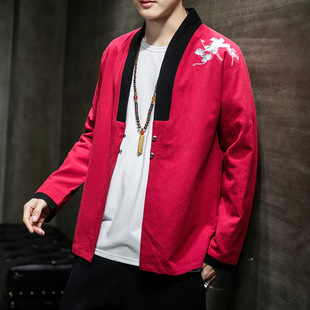 Autumn 2021 Chinese Style Men's Embroidered Hanfu Tang Costume Casual Jacket Cardigan Loose Large Size Jacket Trendy Taoist Robe