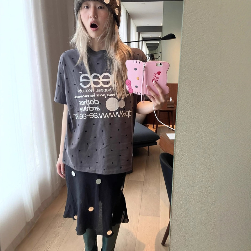 Ae* Korean 26 Spring/Summer New Polka Dot Letter Print Round Neck Short/Long Loose Short Sleeve T-Shirt for Couples