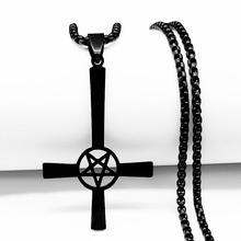 跨境电商货源欧美倒置十字架隐藏五角星不锈钢项链十字吊坠饰品