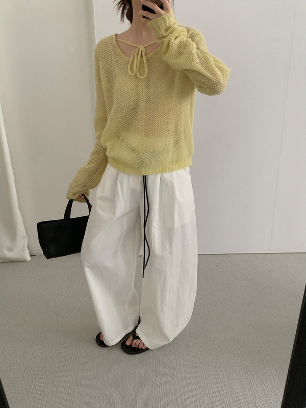 TG 韩系甜美镂空薄透针织衫女2025秋季新款领口系带显瘦毛衣25741|undefined