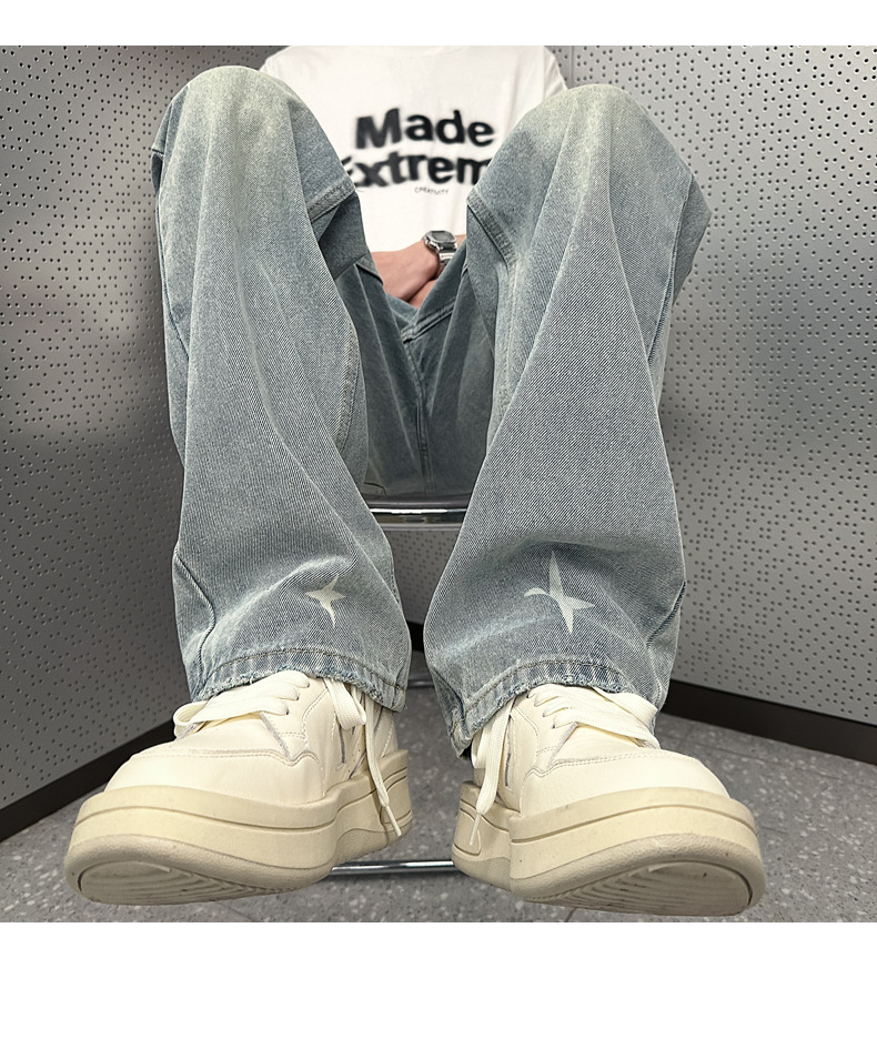 Men's Washed Retro Denim Jeans Straight Leg Loose Fit High Street Style Slimming Long Pants Trendy Casual Wear_mkmklike.com