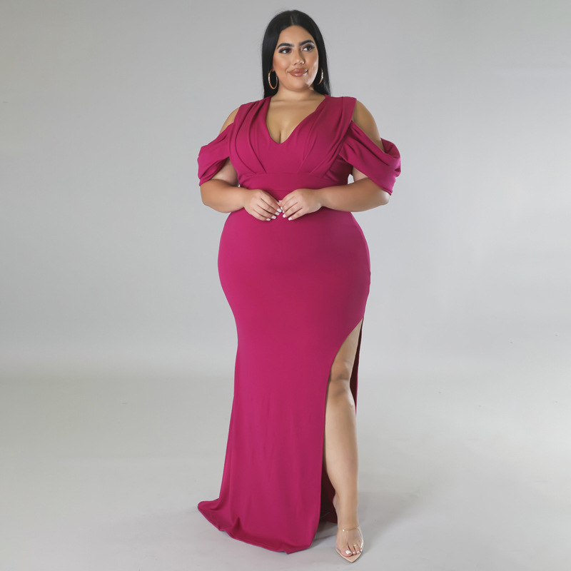 Plus Size V-neck Fishtail Maxi Dress High Slit Flutter Sleeve_voghion.com