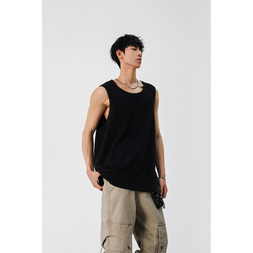 Texture White Men's Tank Top 2025 Summer New Simple Trendy Cross-Training Cut-shoulder Loose Casual Sleeveless T-shirt