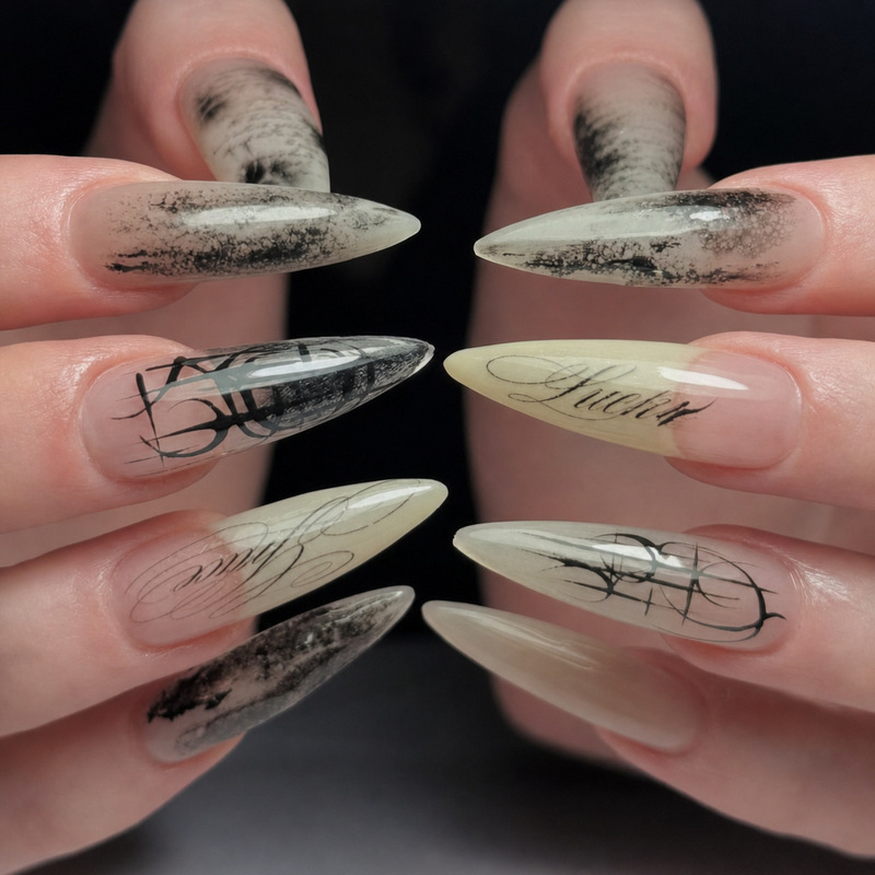 WM-435 Jade-colored Rune False Nails, Long Pointed, Sexy Gothic Floral Artistic Style, 24-piece Wearable Nail Set, Wholesale