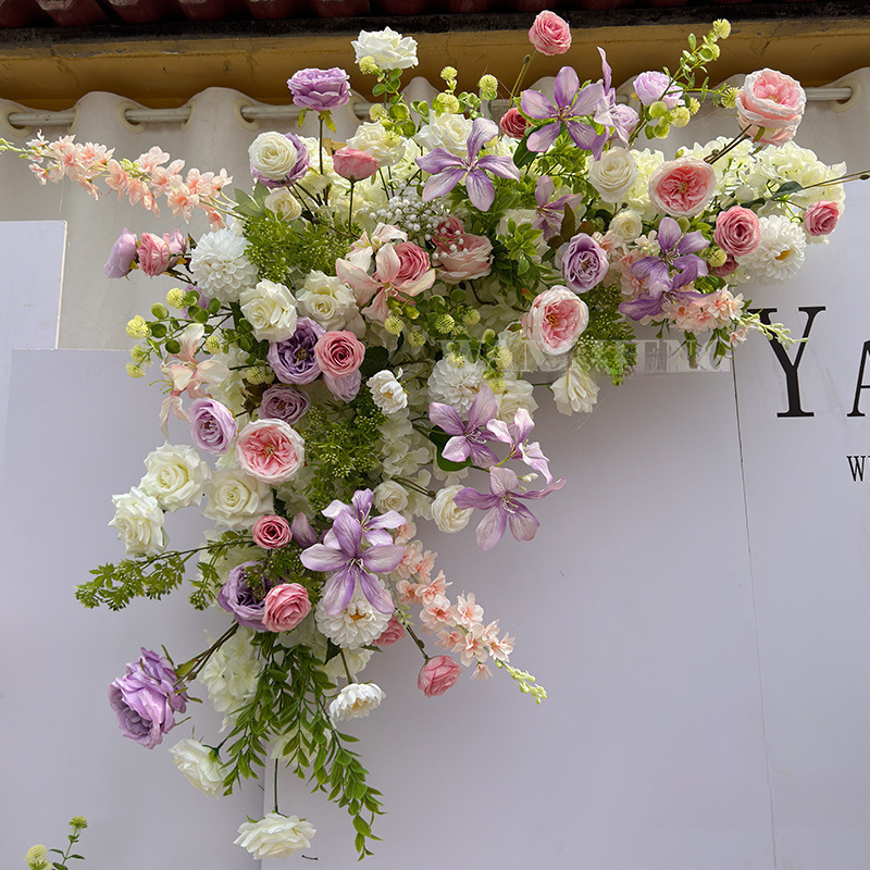 模擬花、ピンクと紫の花列、千代蘭の結婚式の背景装飾、ロードリードフラワー、婚約宴会フラワーアレンジメント|undefined
