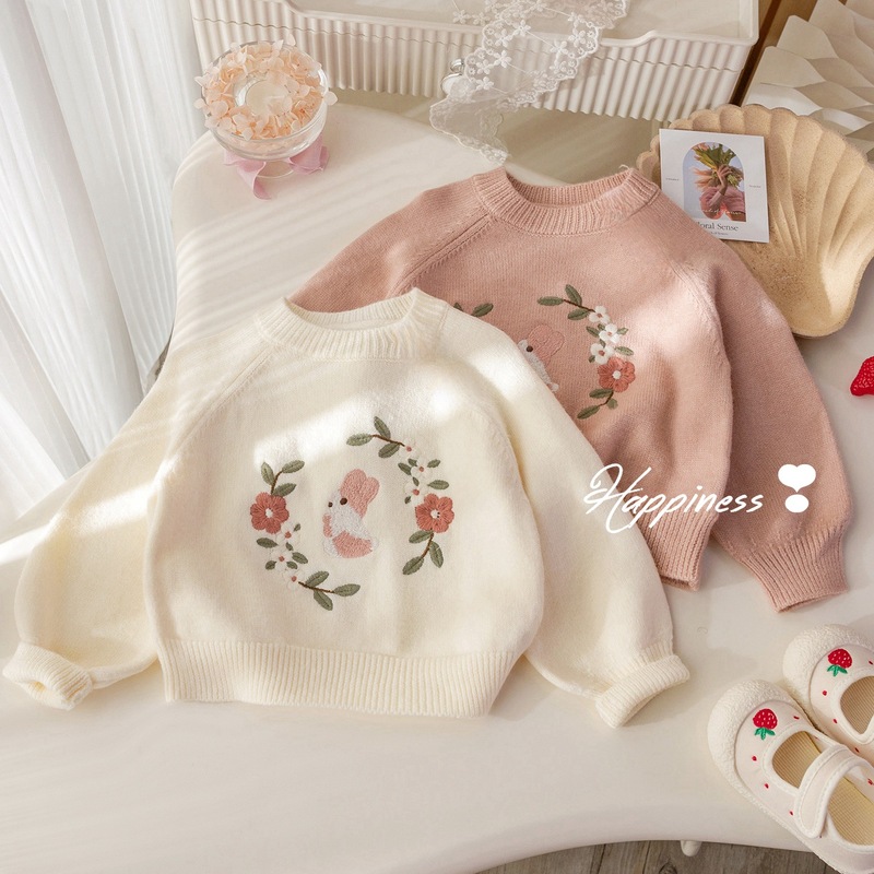 Girls' Cute Bunny Embroidered Sweater, New Spring and Autumn Style, Sweet and Versatile Pullover Knitwear, Baby Girl Spring Outfit Top Girls' Cute Bunny Embroidered Sweater, New Spring and Autumn Style, Sweet and Versatile Pullover Knitwear, Baby Girl Spring Outfit Top