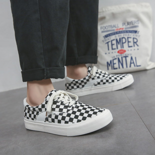 Spring and Autumn Black and White Checkerboard Pattern Patchwork Sneakers, Men's Korean Style Versatile Casual White Shoes, Wholesale Breathable