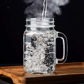 F2CZ玻璃杯水杯梅森杯带把吸管杯子公鸡杯带盖耐高温咖啡杯透明果