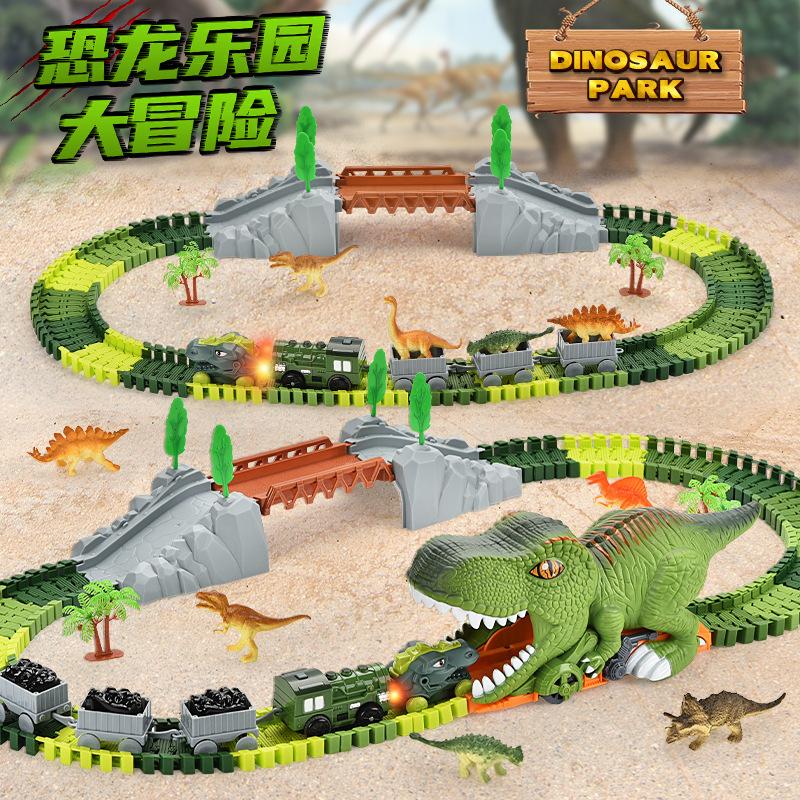 Foreign trade cross-border DIY assembly engineering city building track electric dinosaur track car suit children's toys