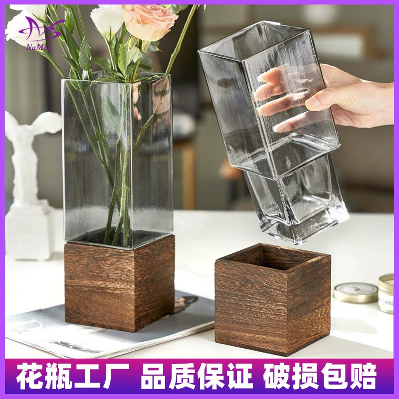 Простая квадратная деревянная основа прозрачная стеклянная ваза Гидропонные Цветы Роза Лилия гостиная обеденный стол Цветочная композиция украшение