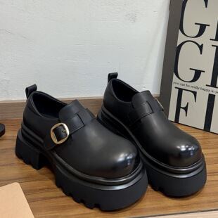 Thick-Soled 258-39 Women's Leather Shoes, 2025 Spring New Style, British Style Versatile Height-Increasing Loafers, Black Single Shoes