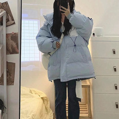胖特大码300斤蓝色羽绒棉服女连帽秋冬宽松面包服加厚外套240斤