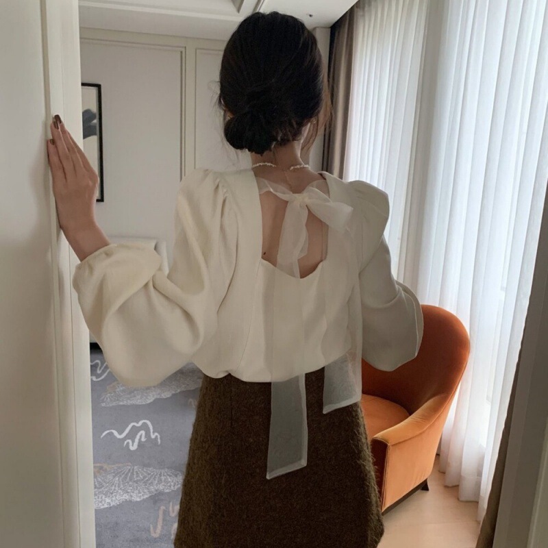 South Korea INS gentle style western style back bow mesh lace-up V-neck pullover puff sleeve shirt top for women