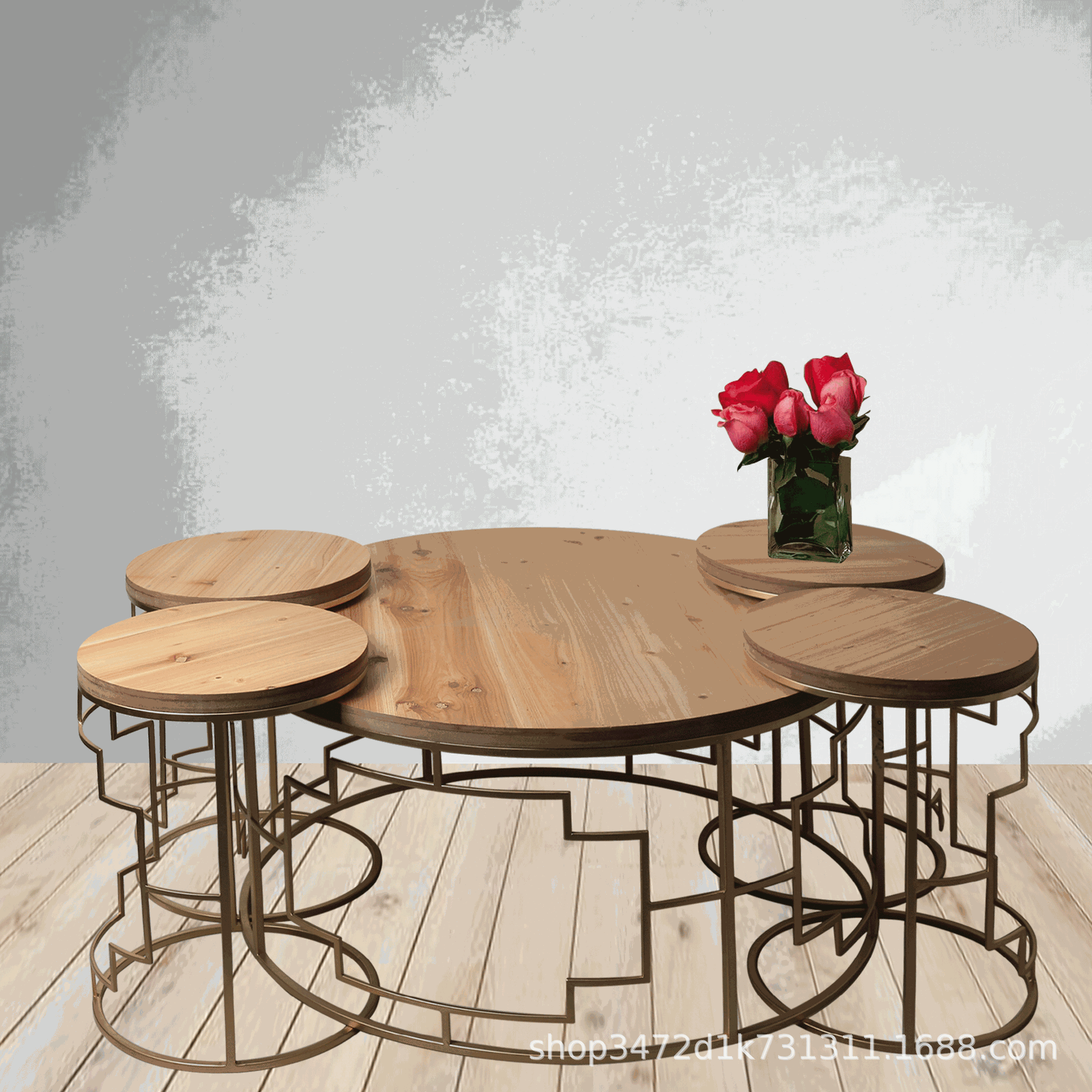 酒店宾馆家用食堂餐厅成套餐桌铁艺圆形实木桌 出口茶几咖啡桌