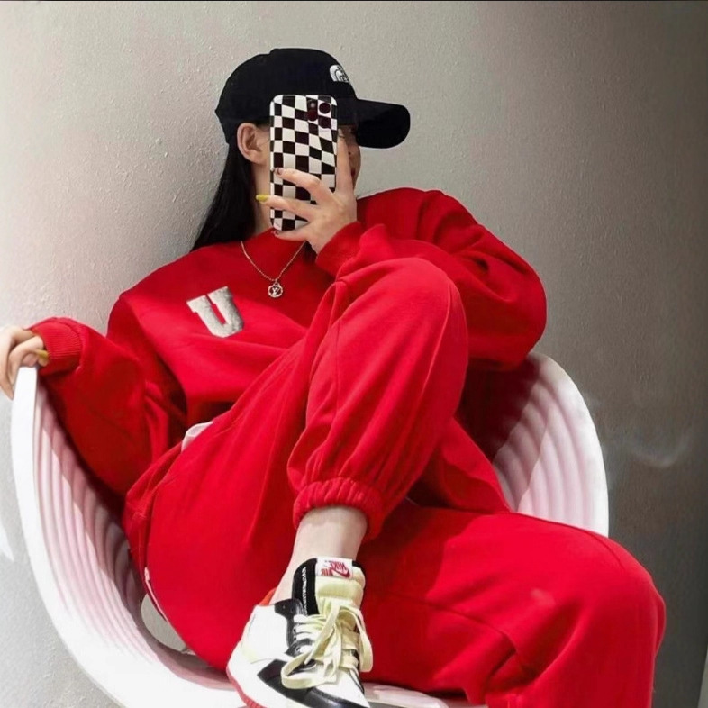 网红休闲时尚运动套装女2025春秋新款宽松大码气质卫衣长裤两件套