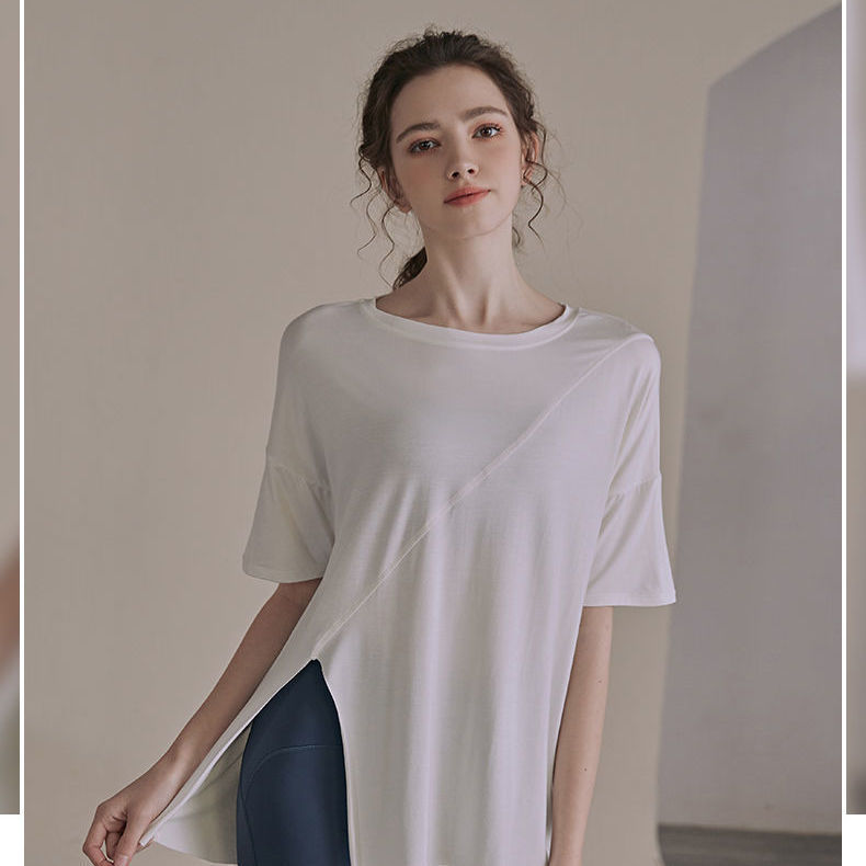 新しいモーダルヨガウェア半袖ルーズスリムロングスポーツTシャツ通気性ランニングフィットネスウェア女性のトップス|undefined