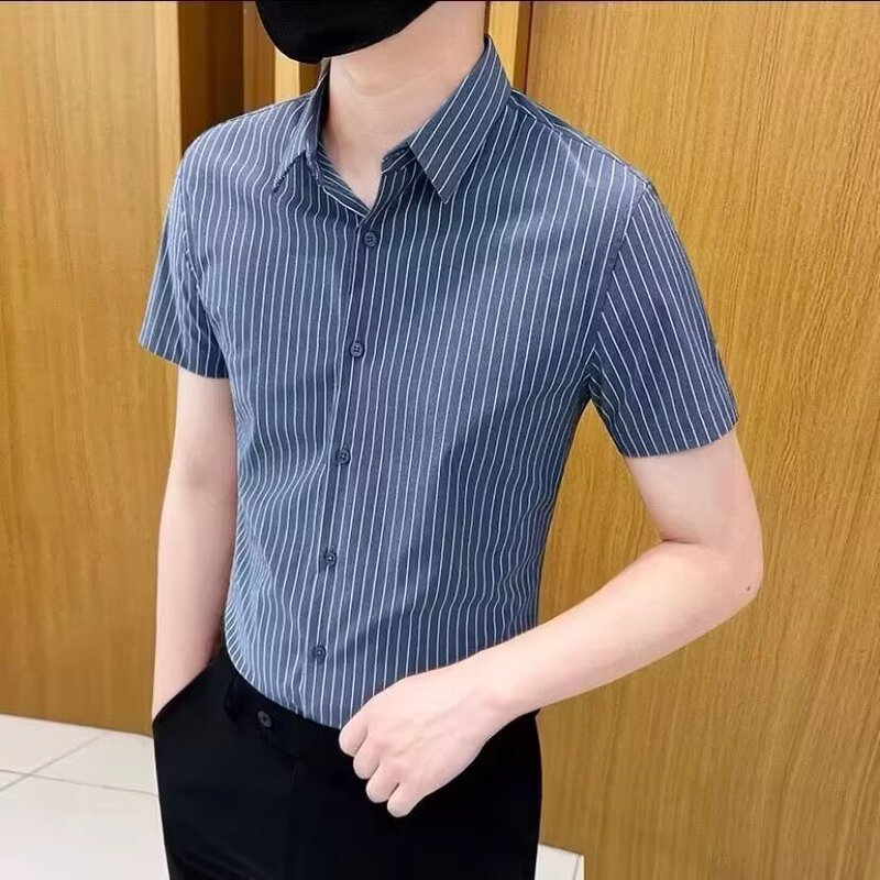 Cross-Border Summer Men's Business Social Short-Sleeved Shirt Professional Formal Stripesd Casual No-Iron Breathable Slim Fit