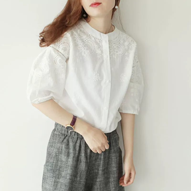 Женская рубашка с круглым вырезом и вышивкой, лето 2025, новый стиль, свободный, нежный, короткий кардиган, модная женская рубашка