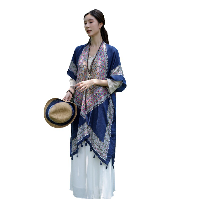 2023 nuevo estilo étnico en forma de diamante bufanda de algodón y lino bufanda de viaje Yunnan cálido protector solar