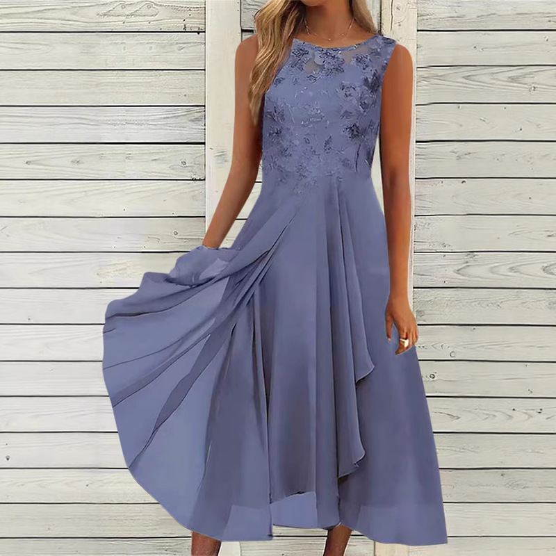 2026 European New Cross-Border Amazon Sleeveless Dress Chiffon Splicing Lace Hollow Long Dress Evening Gown Style 2026 European New Cross-Border Amazon Sleeveless Dress Chiffon Splicing Lace Hollow Long Dress Evening Gown Style