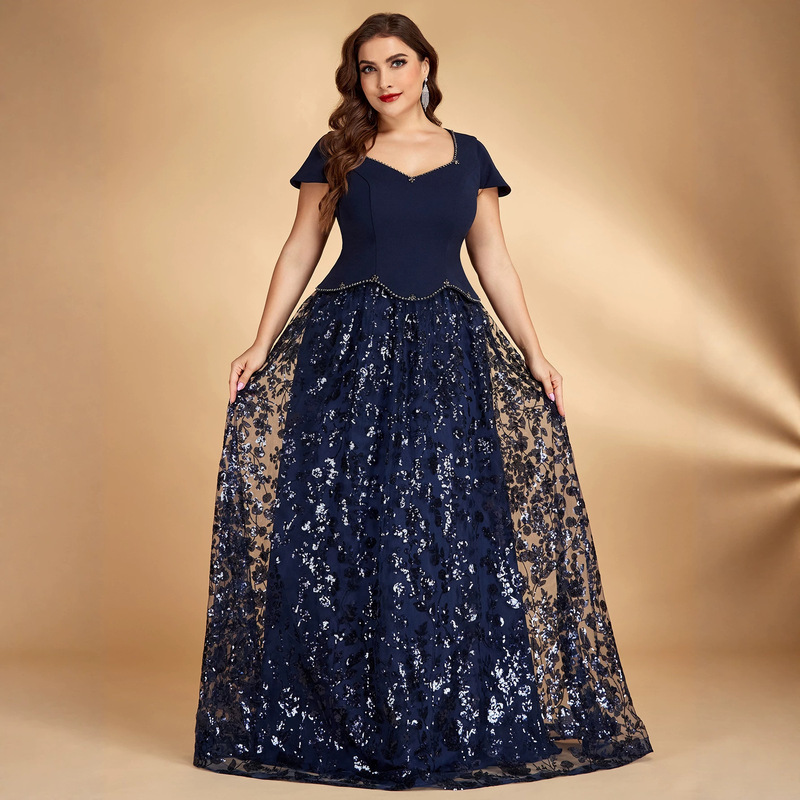 Cross-Border Sweet Design Plus-Size Evening Dress with Sequins, Straight-Cut, Mature and Elegant Long Dress with Short Sleeves Cross-Border Sweet Design Plus-Size Evening Dress with Sequins, Straight-Cut, Mature and Elegant Long Dress with Short Sleeves