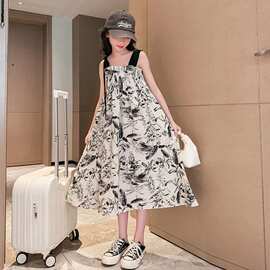 女童夏装连衣裙2026新款女大童洋气水墨画复古吊带裙子儿童公主裙