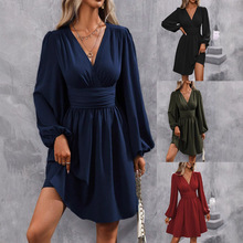 秋冬新款斜领灯笼袖褶饰腰部连衣裙