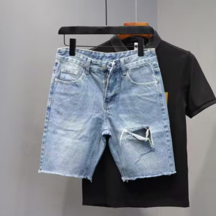 Ins Stylish Trendy Brand Raw Edge Ripped Casual American Denim Shorts 2025 Summer New Boys Fashion Shorts
