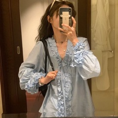 韩系春秋甜美衬衫女重工2025新款洋气减龄衬衣宽松显瘦木耳边上衣